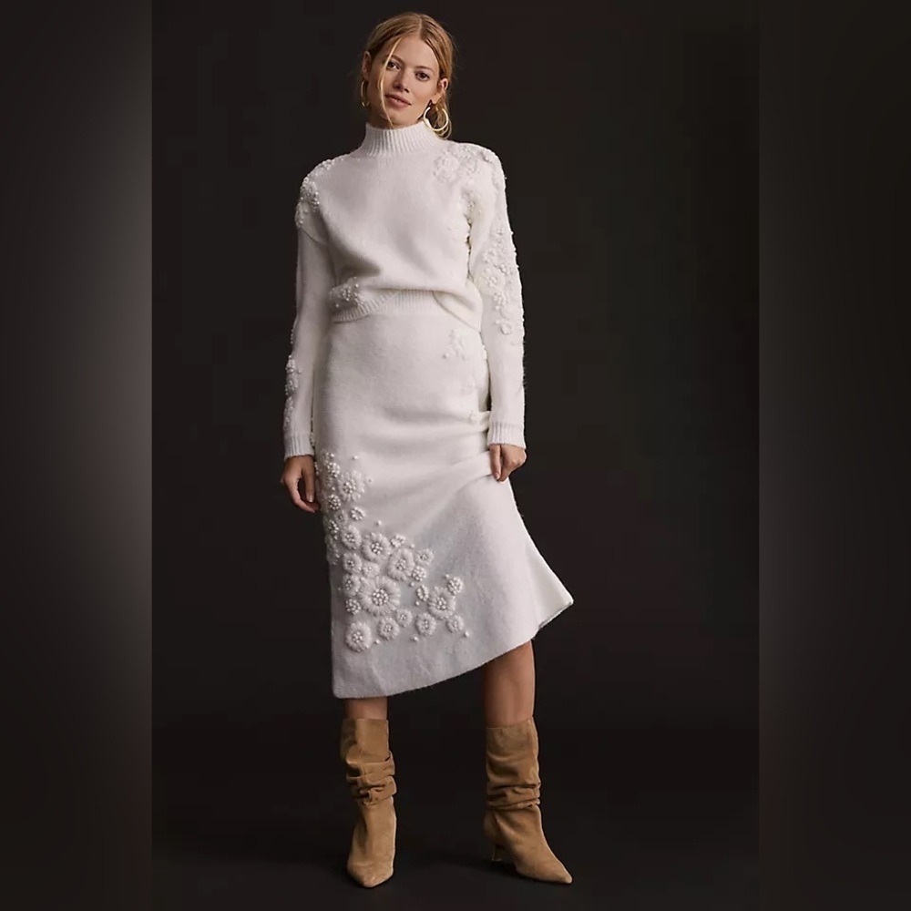 Anthropologie NWT Ivory Floral Textured Sweater & Midi Skirt XS P | Sold Out